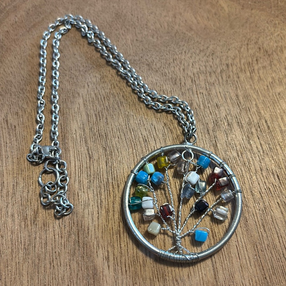 Chakra Tree of Life Pendant Silvertone Pendant Necklace Natural Stones